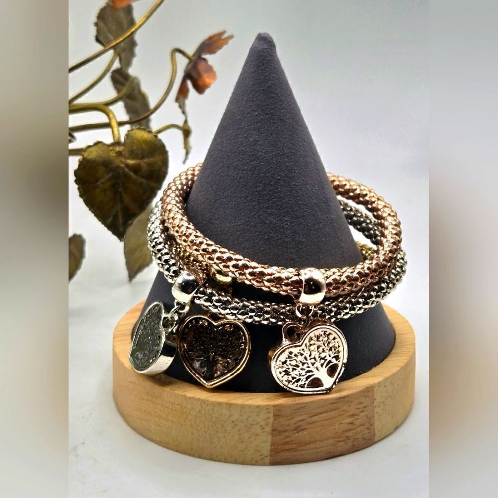 "5/$40" Set Of 3 Tri Tone Heart Tree If Life Charm Stretch Bracelets Sz Average